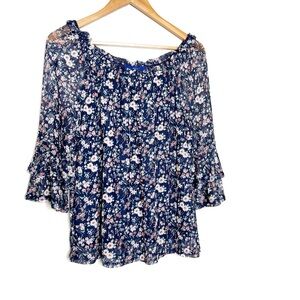APT.9 Women's Floral Mesh Navy Blue Ruffle Swoop Neckline Bohemian Blouse Top